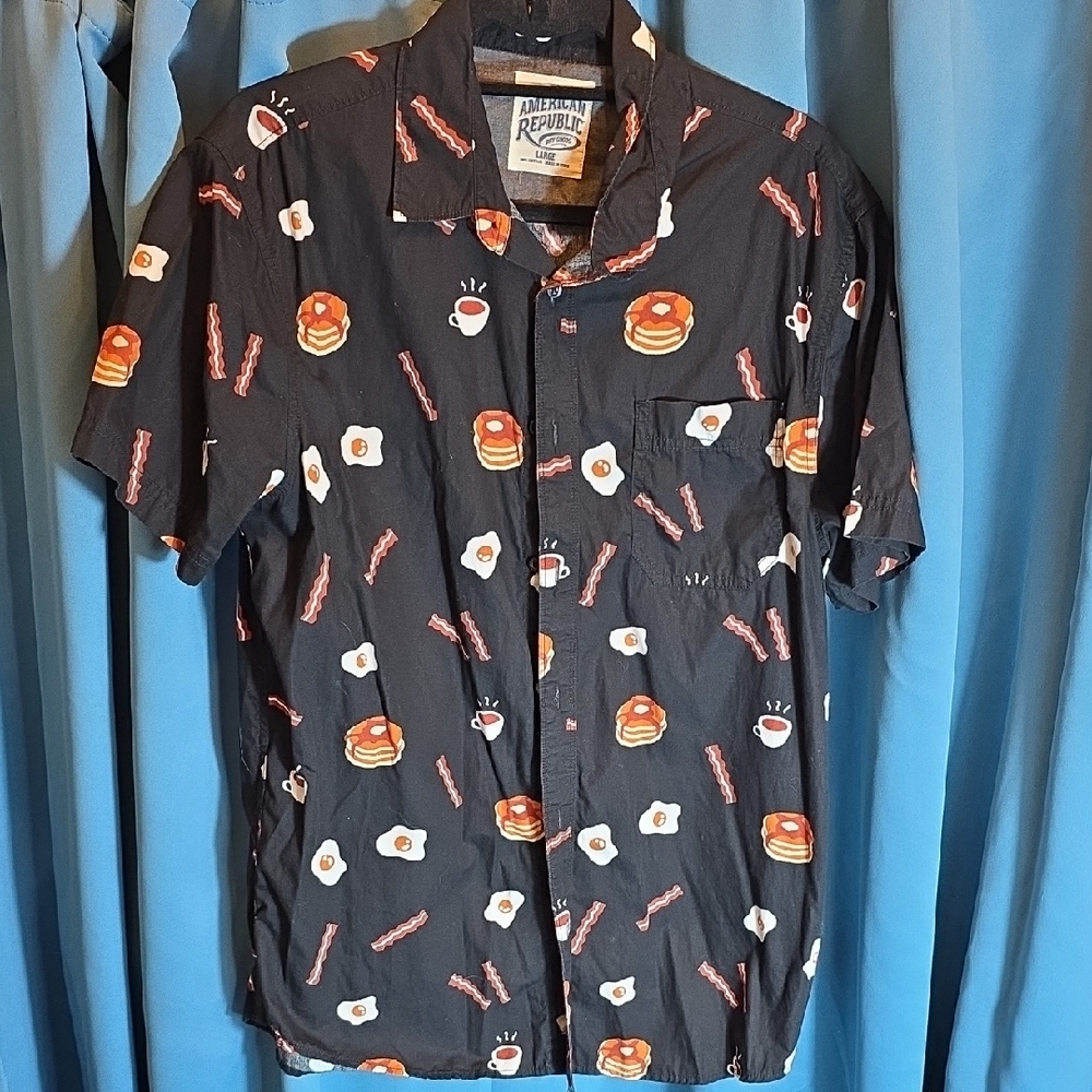 American Republic Black Breakfast Print Men's Casual Shirt